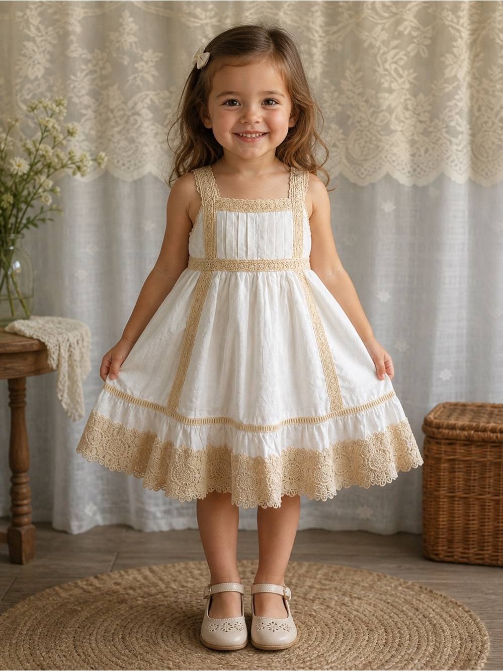 NWT Joie White & Beige Lace Trim Dress - 3T